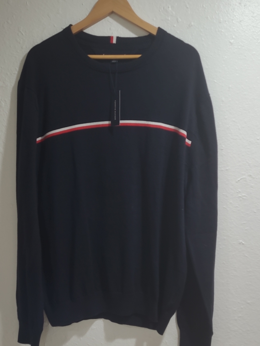 Men's Navy Crewneck Sweater with Red & White Stripe